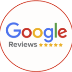 Google Reviews logo featuring the word 'Google' in colorful letters and 'Reviews' in gray, accompanied by five yellow stars, all enclosed in a round white background with a red outer circle.