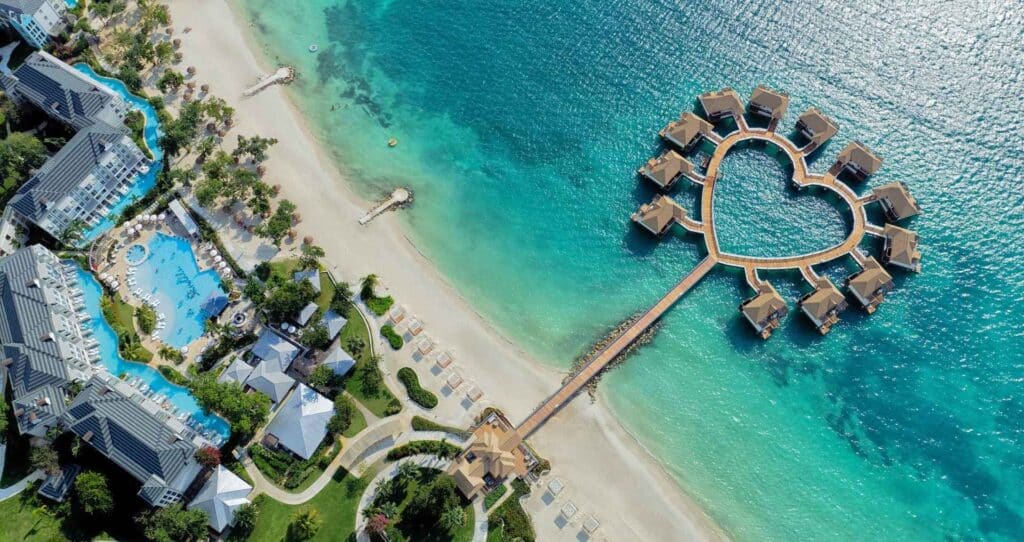 View of Sandals South Coast Beach and Over water Bungalows