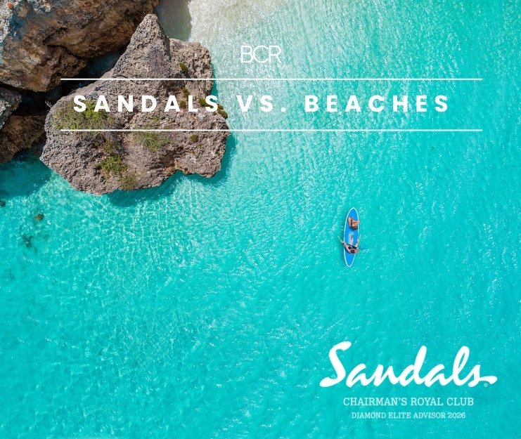 arial view of blue water comparing Sandals vs Beaches resorts